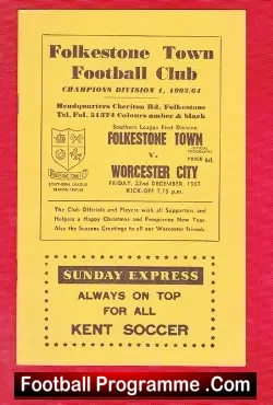 Folkestone Town v Worcester City 1967 - football programme