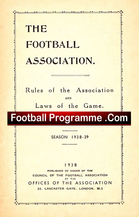 Football Association Rules Laws Handbook 1938 - 1939