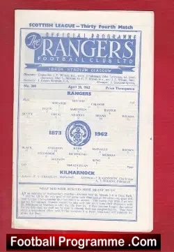 Glasgow Rangers v Kilmarnock 1962 - football programme