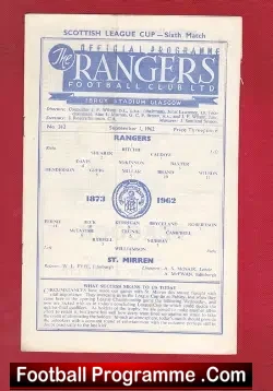 Glasgow Rangers v St Mirren 1962 - football programme