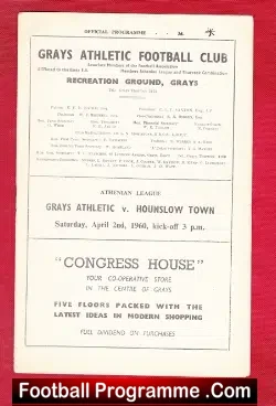 Grays Athletic v Hounslow Town 1960 - Athenian League - football programme