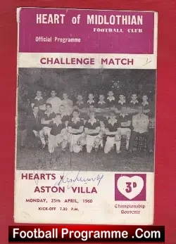 Heart Of Midlothian v Aston Villa 1960 Multi Autographed SIGNED - football programme