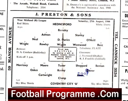 Hednesford v Coventry City 1966 - A Team Match