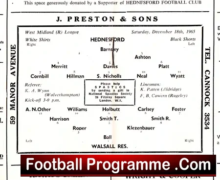 Hednesford v Walsall 1965 – Reserves Match Abandoned