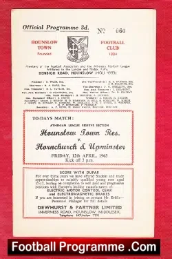 Hounslow Town v Hornchurch Upminster 1963 - Reserves Match - football programme