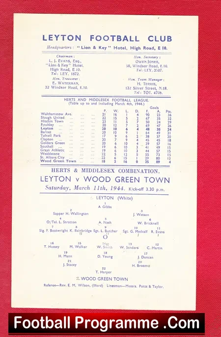 Leyton v Wood Green Town 1944 – Single Sheet 43/44