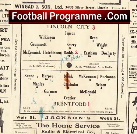Lincoln City v Brentford 1949 - Autographed Signed - J Dodds