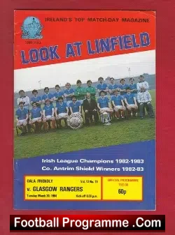 Linfield v Glasgow Rangers 1984 - Northern Ireland - football programme