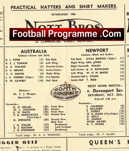 Newport Rugby v Australia 1947 – Official Souvenir Programme