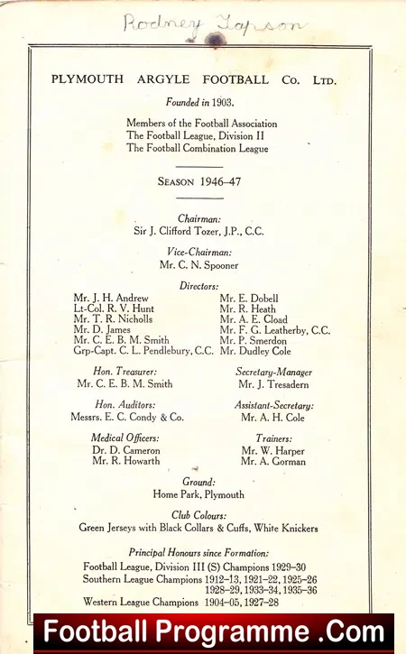 Plymouth Argyle Football Club Official Handbook 1946 – 1947