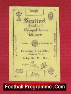 Sentinel Football Cup Competition Dinner Menu Stoke 1962 - football memorabilia