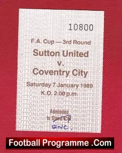 Sutton United v Coventry City 1989 – Football Ticket