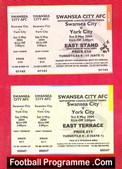 Swansea City v York City 2004 – Two Unused Football Tickets