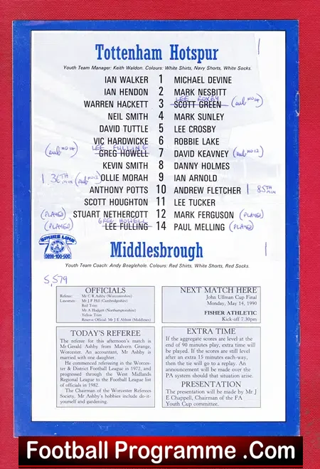 Tottenham Hotspur v Middlesbrough 1990 – Youth Cup Final Game