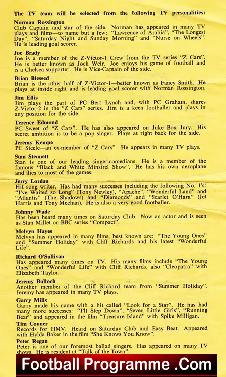 TV All Stars v Essex Police 1964 – at Chelmsford