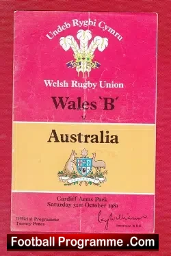 Wales Rugby v Australia 1981 - B Team Match Cardiff - rugby programme