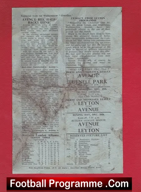 Walthamstow Avenue v Austria 1944 – War Time Programme