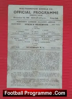 Walthamstow Avenue v Austria 1944 – War Time Programme