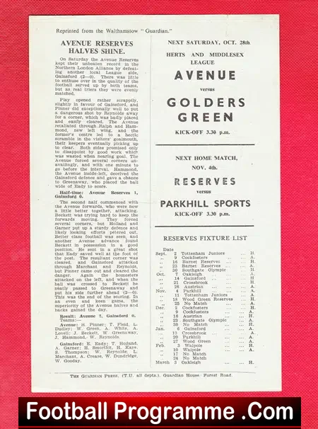 Walthamstow Avenue v Crossbrook 1944 – War Time Programme