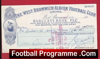 West Bromwich Albion Official Club Cheque 1985 - Makro - football programme