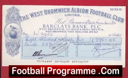 West Bromwich Albion Official Club Cheque 1983 - Wages - football programme