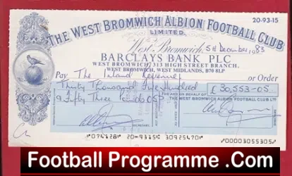 West Bromwich Albion Official Club Cheque 1983 - Inland Revenue - football programme