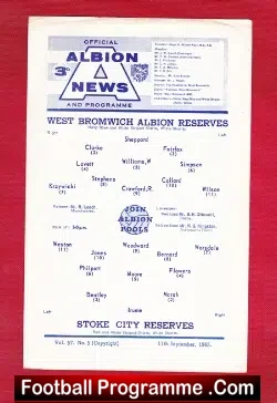 West Bromwich Albion v Stoke City 1965 - Reserves Match - football programme