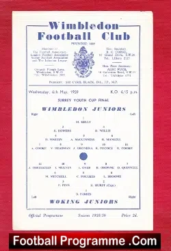 Wimbledon v Woking Juniors 1959 - Youth Cup Final - football programme