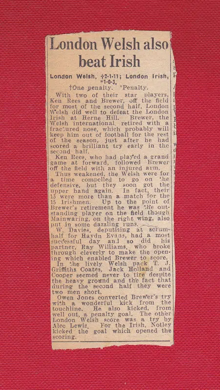 London Welsh Rugby v London Irish 1952 + Newspaper Article