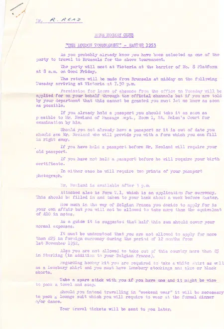 London Mens Hockey Tournament Special Memorabilia Brussels 1953