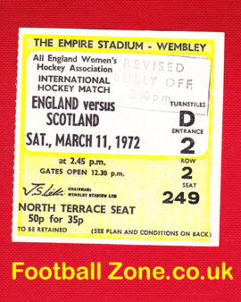 England Womens Hockey v Scotland 1972 – at Wembley + Ticket