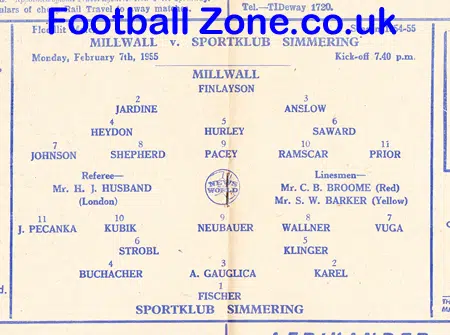 Millwall v Simmering 1955 – Austria