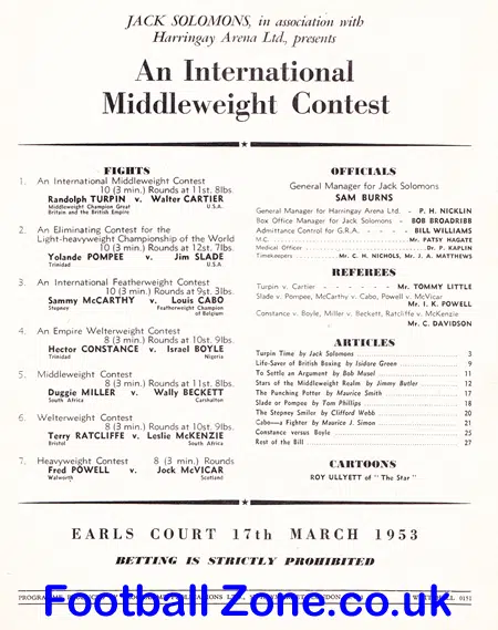 Boxing Programme Randolph Turpin v Walter Cartier 1953