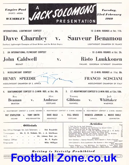 Boxing Programme Dave Charnley v Sauveur Benamou 1960 – SIGNED