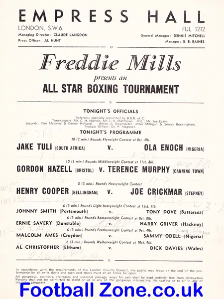 Boxing Programme All Star + Terrance Murphy v Gordon Hazell 1955