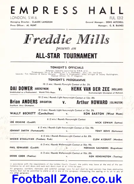 Boxing Programme All Star inc Brian Anders v Arthur Howard 1954