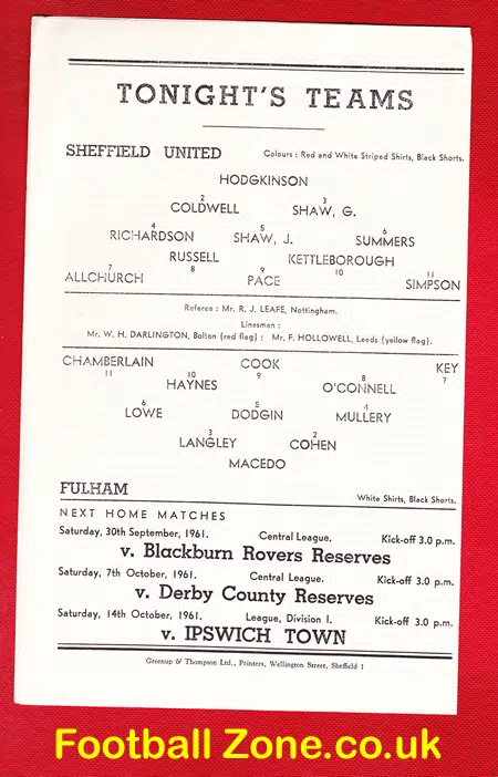 Sheffield United v Fulham 1961 – League Cup Replay