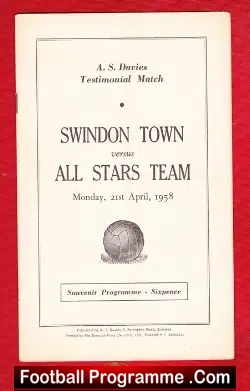 A S Davies Football Testimonial Benefit Game Swindon Town 1958 - football programme