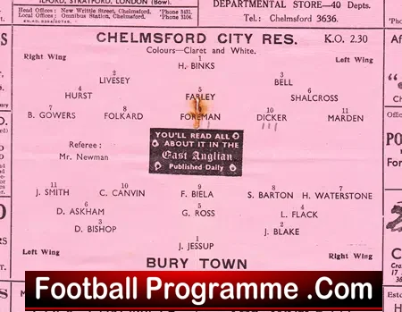 Chelmsford City v Bury 1948 – Eastern Counties League