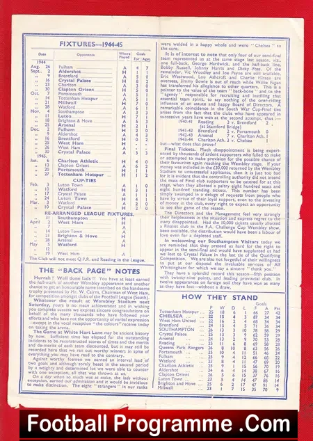 Chelsea v Southampton 1945 – Single Sheet – War Time