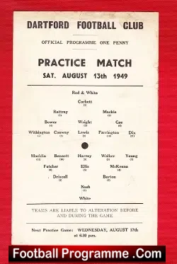 Dartford Football Club Practice Match 1949 – Single Sheet