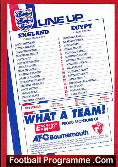 England v Egypt 1992 – Youth Match at Bournemouth
