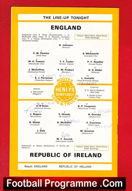 England v Ireland 1970 – Youth Match at Luton Signed Keith Allen
