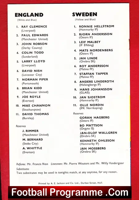 England v Sweden 1970 – Under 23 Boothferry Park Hull – Brian Kidd