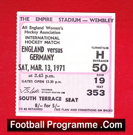 England Womens Hockey v Germany 1971 – Wembley Plus Ticket