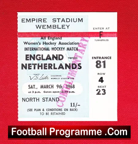 England Womens Hockey v Holland 1968 – Wembley Plus Ticket
