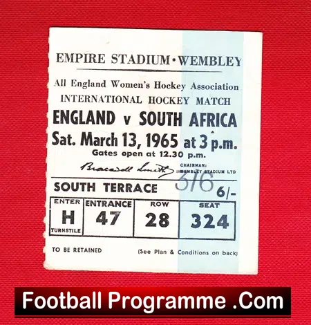 England Womens Hockey v South Africa 1965 – Wembley Plus Ticket