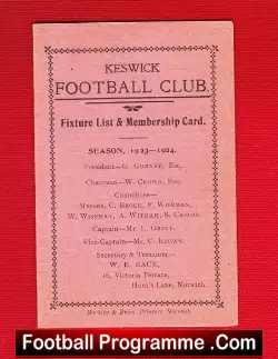 Keswick Football Club Norwich Fixture List Season Ticket 1923