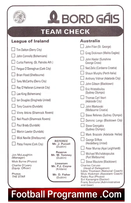 League of Ireland v Australia 1990 – U21 Olympic Team in Dublin
