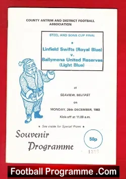 Linfield v Ballymena United 1983 - Belfast Ireland - football programme